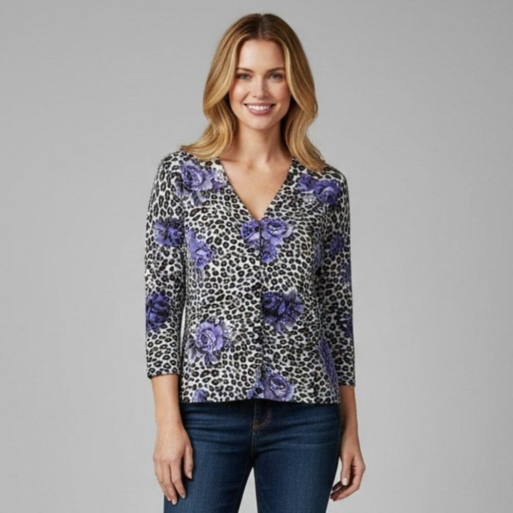 Vintage Elizabeth New York Womens S Floral Leopard Beaded Cardigan Sweater